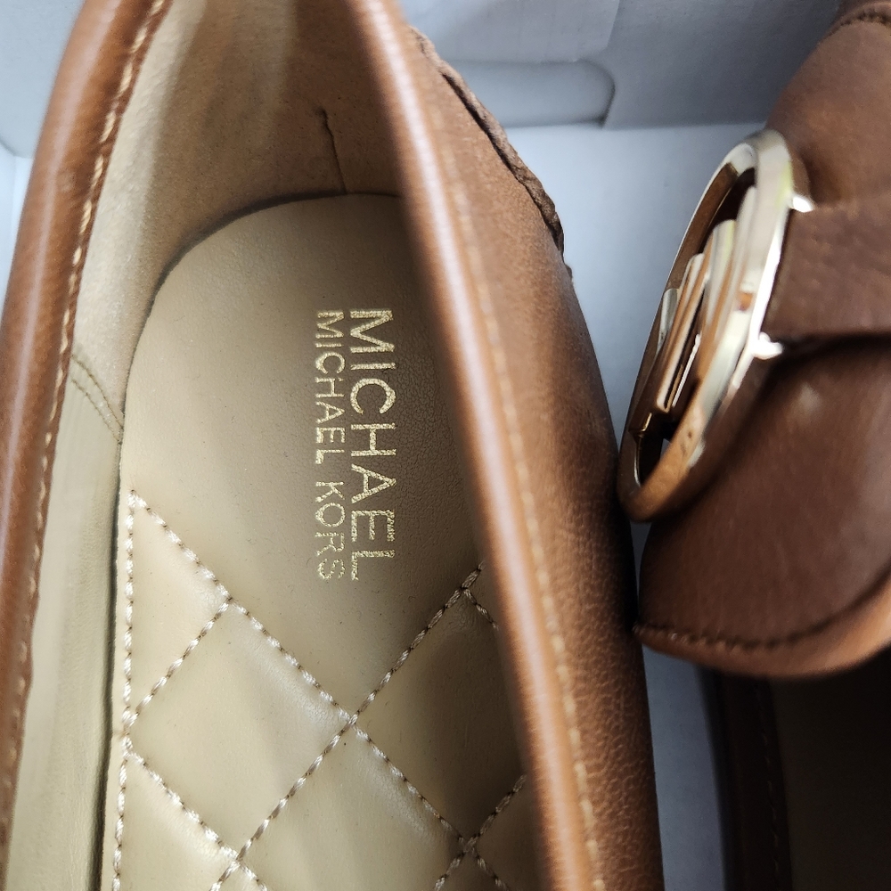 Nitb Michael Kors Lilly MK logo leather ballet flats luggage brown and g… - Picture 9 of 13